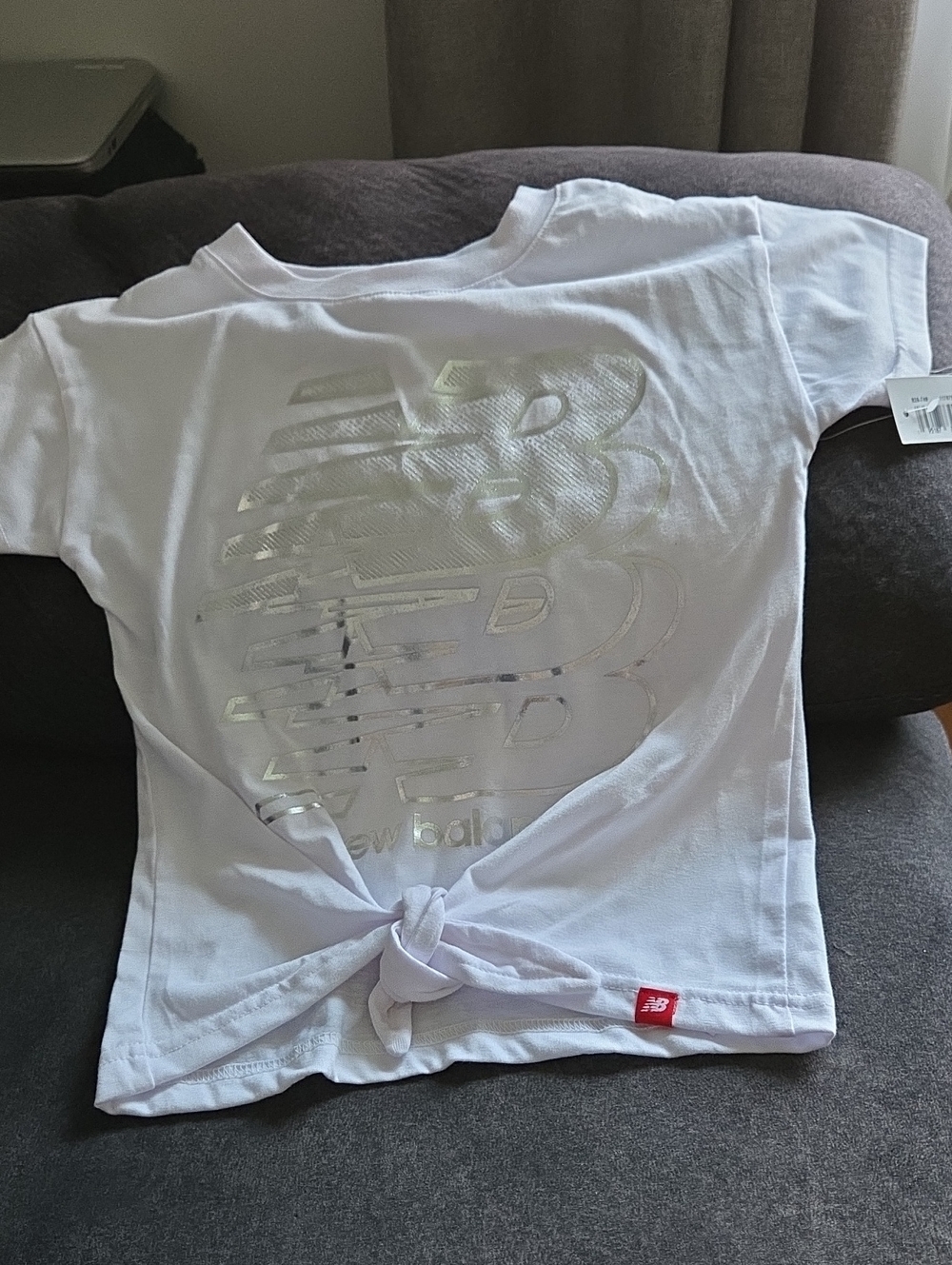 New Balance White Tee with Metallic Logo and Front Tie